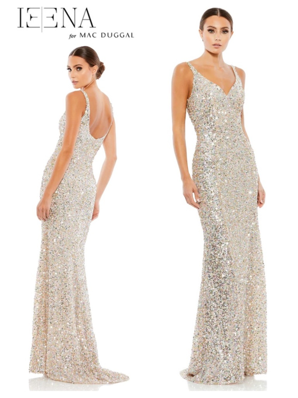 IEENA for Mac Duggal Sequined Iridescent Metallic Gown
